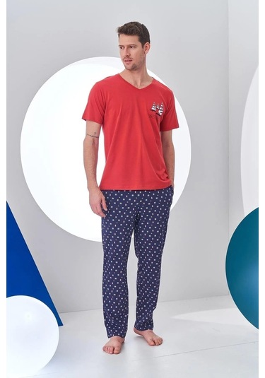 Pjs 24307 Erkek Bordo V Yaka Yelken Baskılı Kısa Kol Pijama Takımı Bordo