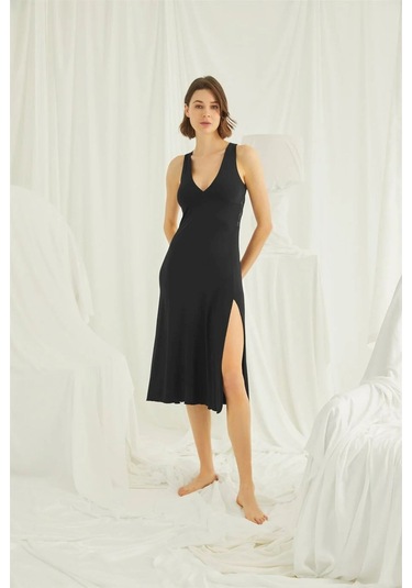 Monamise Kadın Siyah Sıfır Kol Gecelik 20004 Siyah