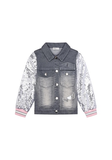 Kız Çocuk Kolları Pul Payetli Nakışlı Denim Ceket Mnt25k236 Gri