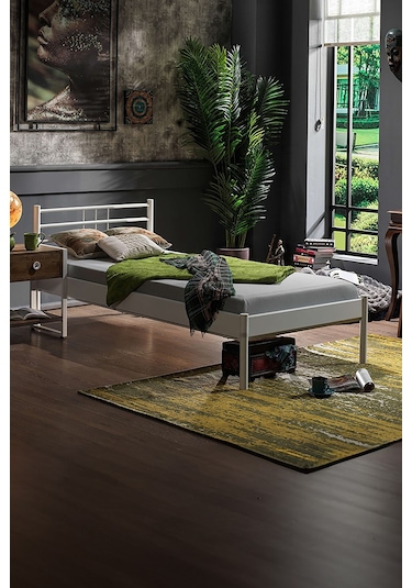 Manyas-s Tek Kişilik Ferforje Metal Karyola-beyaz Ahşap Latalı