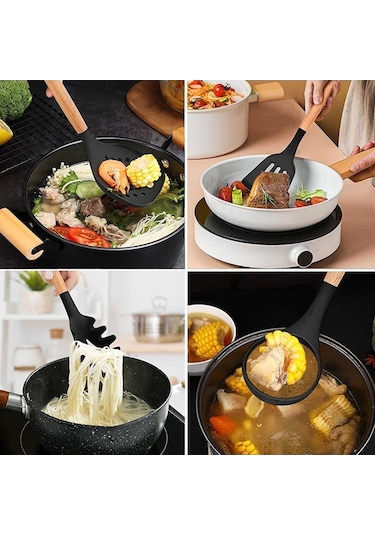 12 Parça Ahşap Saplı Siyah Silikon Mutfak Seti - Mikrodalga, Fırın, Bulaşık Makinesi Uyumlu Siyah