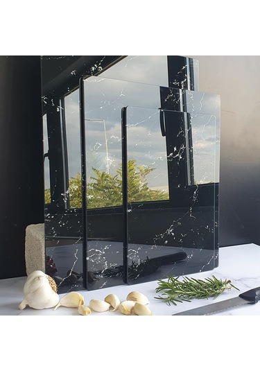 Decorita Cam Kesme Tahtası | Siyah Mermer Görünümlü | 3'lü Takım