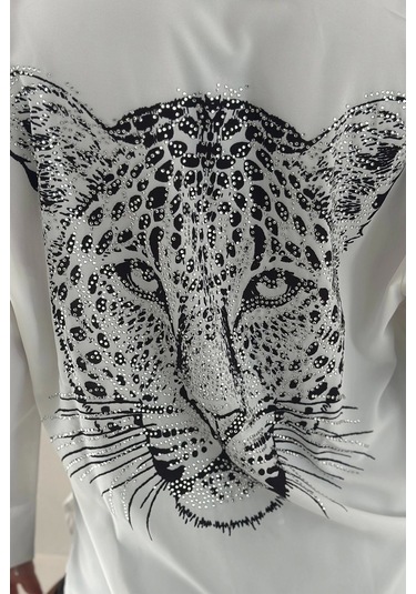 Aslan Desen Baskılı Taşlı Gömlek Gümüş Gümüş