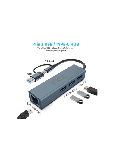 Inca Iutp-03t Usb Hubx3 Usb 3.0 10 Gbps+ethernet Rj45 1000mbps Çoklayıcı 71138241