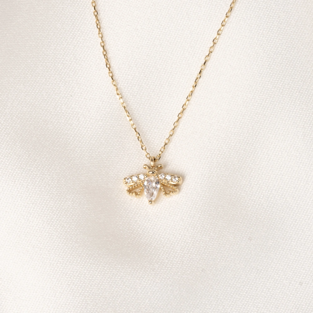 Gümüş Kolye - Oval Zirkon Taşlı Arı 925 Ayar Gümüş Kolye Sarı