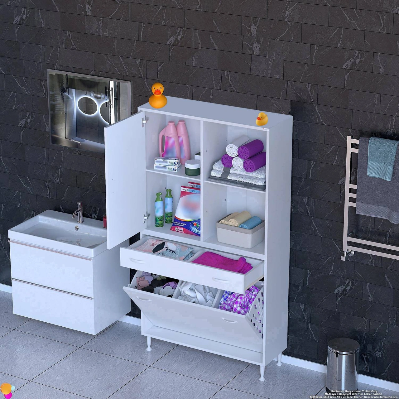 Kayra Tek Çekmece, 3 Göz Sepet, 1 Kapak, 4 Raf Dar Alan Banyo Dolabı 100x173x32,5 Cm Beyaz