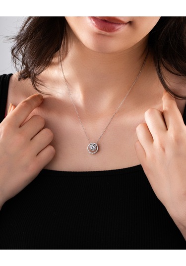 925 Ayar Rodyum Zirkon Taşlı Yuvarlak Anturaj Hareketli Ayarlanabilir Gümüş Kolye Rzn10320 Gümüş