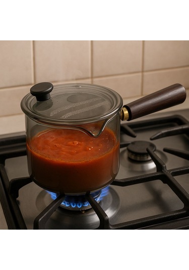 Morponi Borosilikat Cam Akasya Saplı Cam Kapaklı Minichef Sosluk Füme 550 Ml Füme