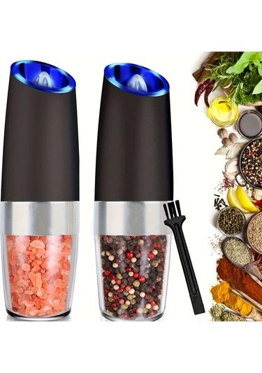 Dashanshop Siyah 2li Yerçekimi Elektrikli Tuz Ve Karabiber Değirmeni Seti, Led Işıklı Otomatik