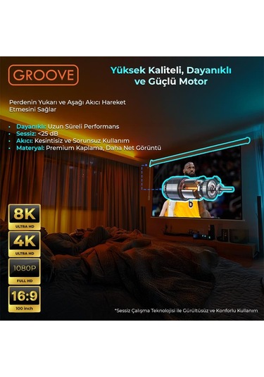 Groove Vizio Pro 100 Inch Blackout Işık Geçirmez Elektrikli Otomatik Kumandalı Projeksiyon Perdesi 220x125cm +motorlu+canlı Renkler+göz Koruması+leke Tutmaz Projector