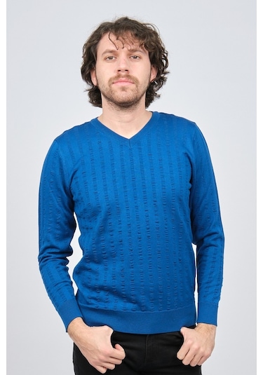 Desen Triko Erkek V Yaka Yün Kazak 0249626 Saks Saks Mavi Saks