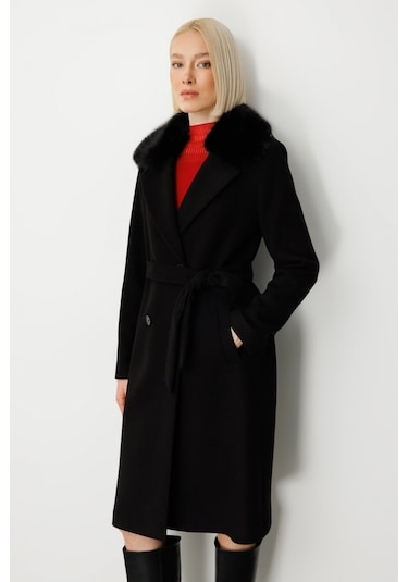Ekol Yakası Kürklü Beli Kuşaklı Kaban Siyah