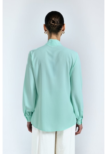 Sateen Yakası Bağlamalı Düz Gömlek - Mint-128707