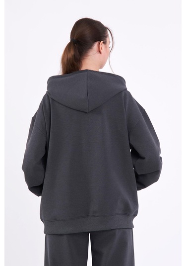 Comeor Antrasit Kanguru Cepli Kapüşonlu Fermuarlı Oversize Kadın Sweatshirt Cmrb73-antrasit Antrasit