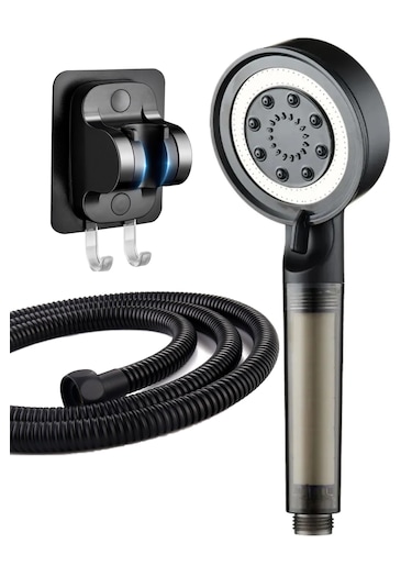Siyah Filtreli 5 Fonksiyon Çelik El Duşu Duş Hortumu Mafsal Seti Siyah