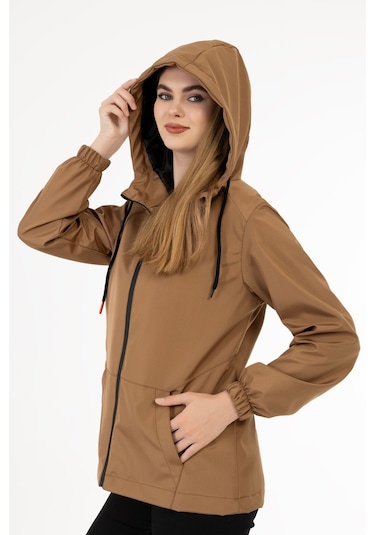 Kadın Taba Içi Astarlı Su Geçirmez Ve Rüzgara Dayanıklı Kapüşonlu Cepli Yağmurluk - Rüzgarlık Taba