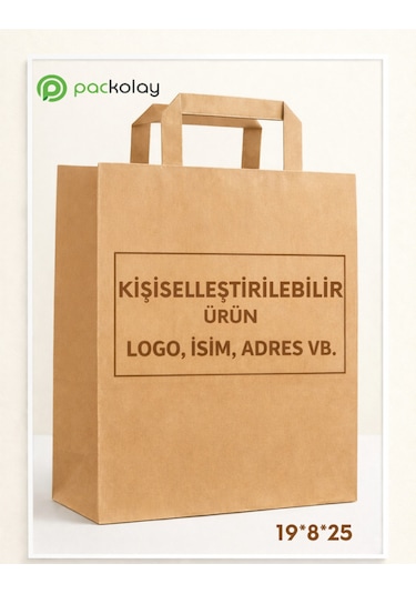 Logo Baskılı Kraft Kağıt Çanta Flat Saplı 19 8 25 Cm 500 Adet