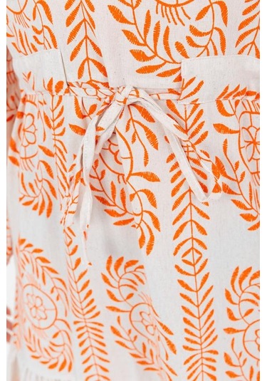 İnce Yaprak Dalı Desenli Yazlık Baharlık Keten Elbise 2102 Turuncu