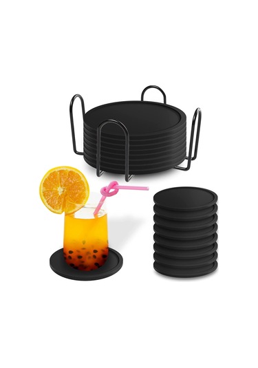 Xurunkeji Bardak Altlıkları Bardaklar 8'li Set Silikon Bardak Altlıkları Yuvarlak Tasarım Siyah Bardak Altlıkları İçecekler, Bar, Bardaklar, Cam İçin - Masa Siyah