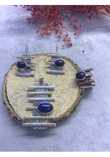 Nsa Gümüş Lapis Lazuli Taşı 925 Ayar Doğal Taş El İşi Gümüş Set