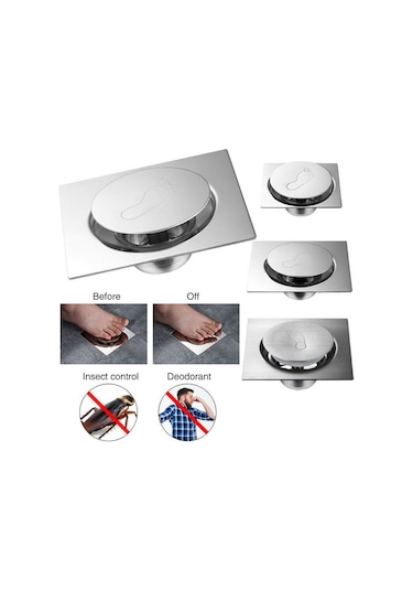 Pres Tipi Yer Sifonu Pedallı Yer Sifonu Yer Süzgeci Duş Kare Banyo Örtüsü 15x15cm Gümüş