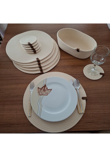 Açık Krem 6 Kişilik 13 Parça Amerikan Servis, Hasır Supla Takımı, Açık Krem