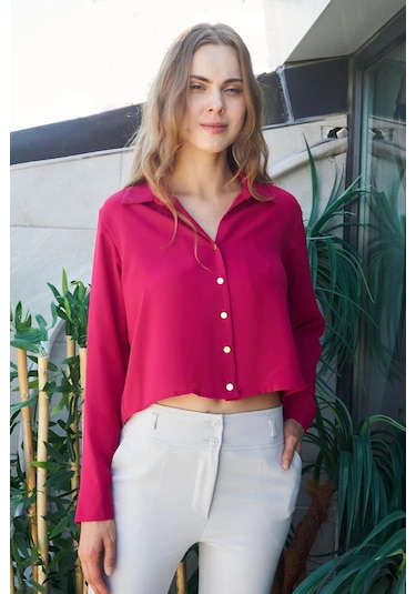 Kadın Likrasız Şık Kumaş Yakalı Uzun Kol Kısa Gömlek-vişne Vişne