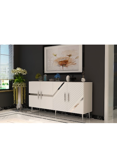 Pınar Konsol Tv Sehpası Çok Amaçlı Dolap 150 Cm Beyaz Gümüş