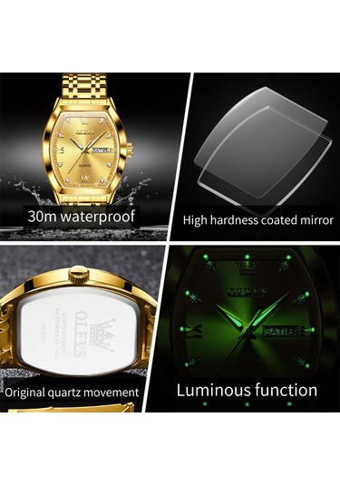 Olevs Top Marka Erkek Kuvars Saat Lüks Elmas Şık Paslanmaz Çelik Tonneau Kadran Su Geçirmez Işıldayan Erkek Kol Saati Altın - Siyah