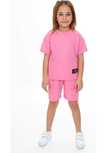 Bisiklet Yaka Şortlu Kız Çocuk Şortlu Takım Pembe