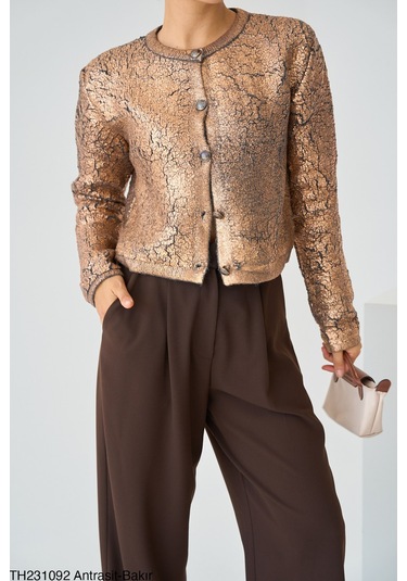 Yeni Sezon Antrasit Bakır Renk Varak Baskılı Hırka Antrasit Bakır