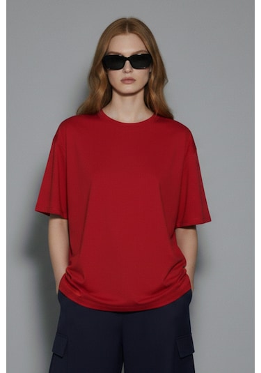 Soft&Basic Kadın 2'li %100 Organik Pamuk Oversize Fit Basic Yuvarlak Yaka T-shirt Bordo-beyaz