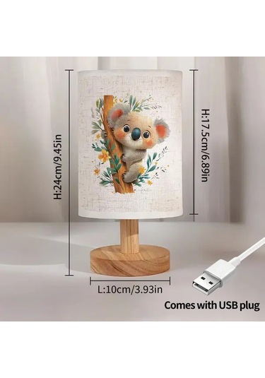 Willowhaven Cute Koala Baskılı 24x10 Ahşap Renk Masa Lambası Yatak Odası Ve Ofis İçin Usb Led Aydınlatma Füme