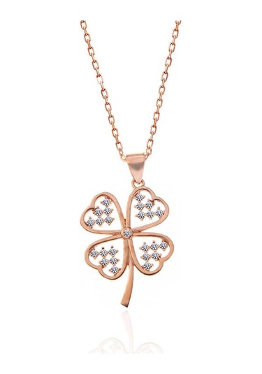 925 Ayar Gümüş Rose Kalpli Dört Yapraklı Yonca Kadın Kolye Gümüş