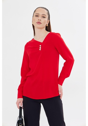 Yakası Pileli Ve Düğme Detaylı Gömlek Kırmızı Kırmızı