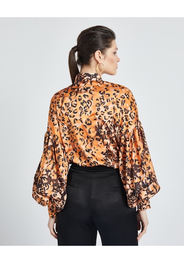 Kadın Leopar Desenli Gömlek - Balon Kol - Saten - Modern Ve Şık Tasarım - Günlük Ve Özel Gün Kullanımı İçin Gömlek Orange