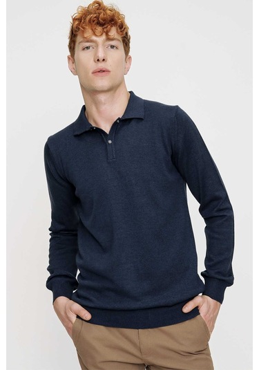 Basic Dinamik Fit Rahat Kesim Polo Yaka Triko Kazak İndigo