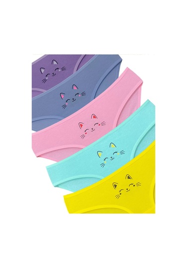 Alya Underwear Kedi Baskılı Pamuklu Kız Çocuk Külot, Renkli Slip Külot Çok Renkli P62