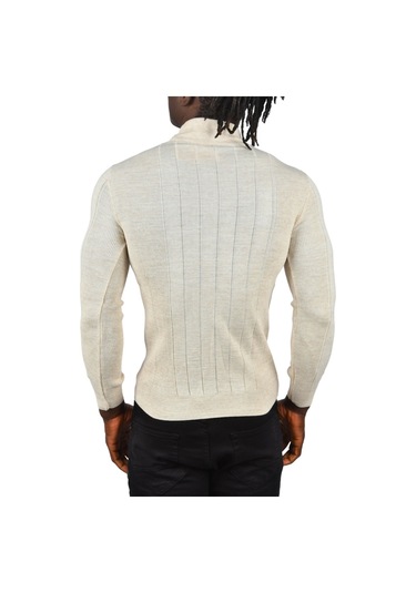 Deepsea Erkek Bej Yarım Balıkçı Yaka Çizgili Tüylenmeyen Slim Fit Triko Kazak 2505491 Bej