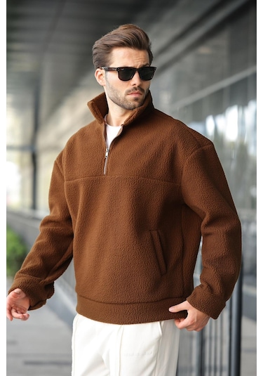 Madmext Kahverengi Yarım Fermuarlı Dik Yaka Polar Sweatshirt E7165 Kahverengi