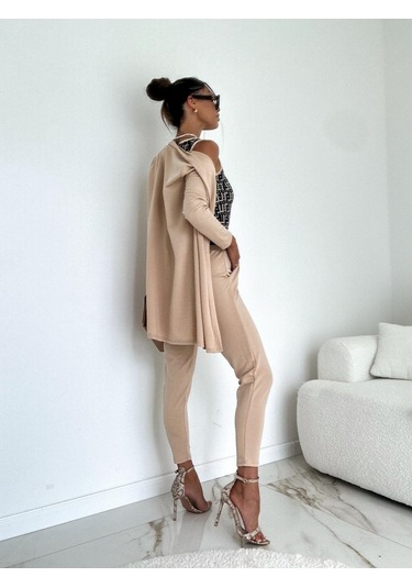 Modasize Kadın Uzun Kollu Krep Üçlü Takım Bej