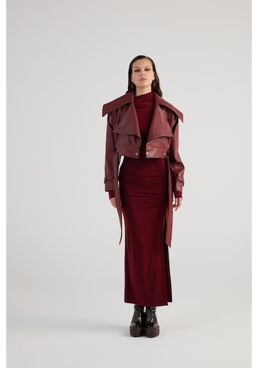 Holly Lolly Crop Model Astarlı Kemerli Neeko Deri Ceket Bordo