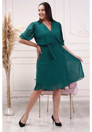 Dip Moda Kadın Astarlı Büyük Beden Şifon Elbise Dpnb8062 Yeşil