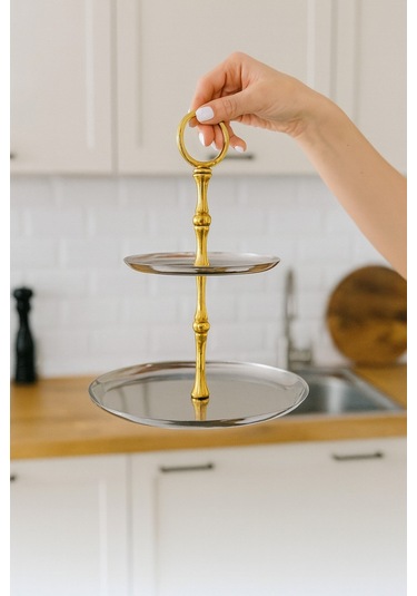 2 Katlı Yuvarlak Paslanmaz Çelik Sunumluk,kurabiyelik,makaronluk,söz,nişan Masa Aksesuarı,çeyizlik Gold