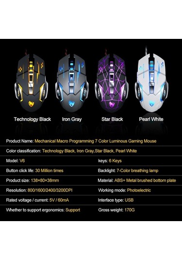 Prestigegoods T-wolf V6 Usb Kablolu 6 Düğmeli Aydınlatmalı Ergonomik Mouse V6