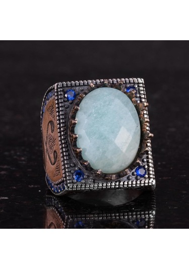 Gerçek Doğal Taş Yüzük - 925 Ayar Gümüş İslami Yüzük - El Yapımı Hat Yüzük Gümüş