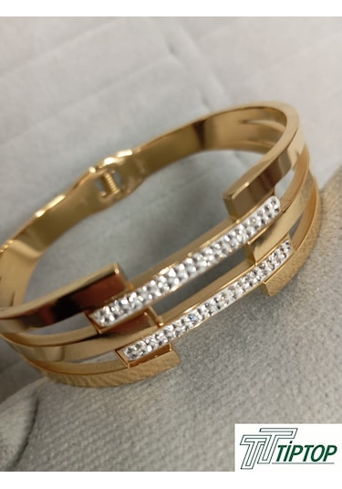 Üç Sıra Zirkon Taşlı Kelepçe Bileklik Gold