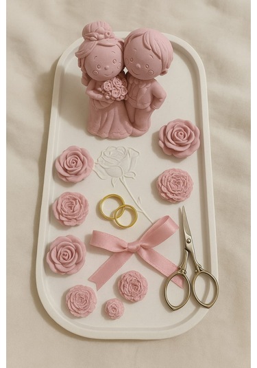 Gelin Damat Ve Gül Figürlü El Yapımı 8 Parça Dekoratif Tabak Seti Beyaz