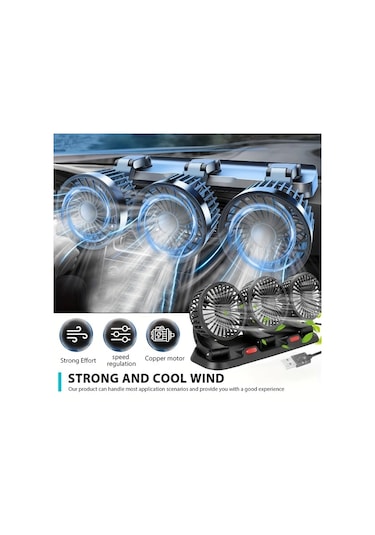Dashanshop Siyah Güçlü 3 Başlıklı Araba Fanı 360 Dönebilir Usb 15w Çift Hız Ayarlanabilir 5 Büyük Bıçaklı Araba Ve Ev Laptop Aksesuarı