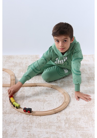 Erkek Çocuk Kapşonlu Eşofman Takımı Smile Baskılı Ribanalı F11 Yeşil